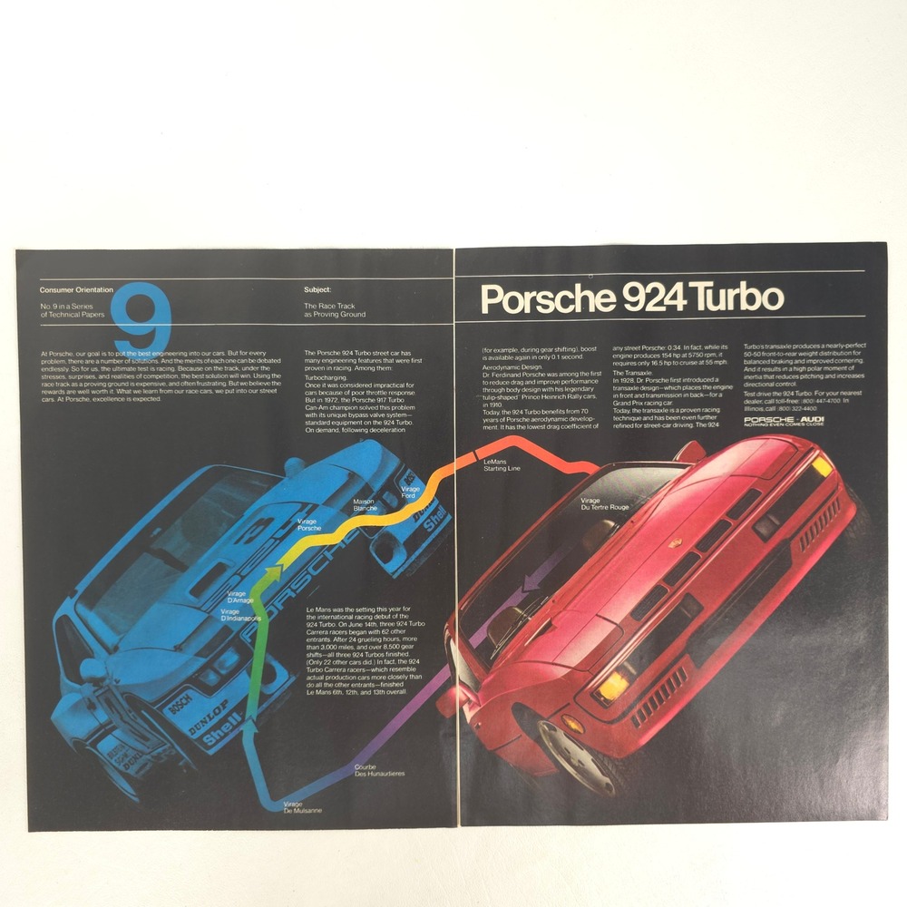 Porsche 924 Turbo Print Ad Vintage Sports Car Racing Garage Wall Collector Decor